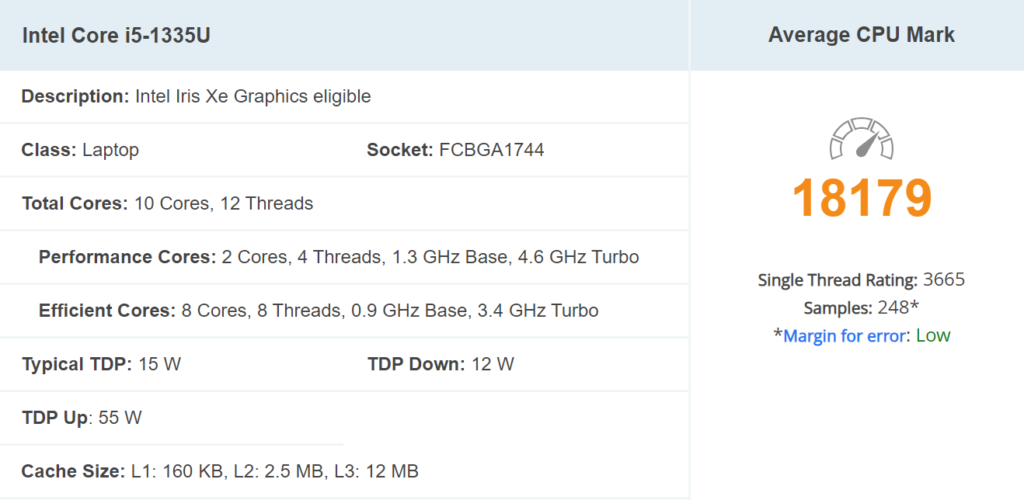 Intel Core i5 1335U cpu benchmark